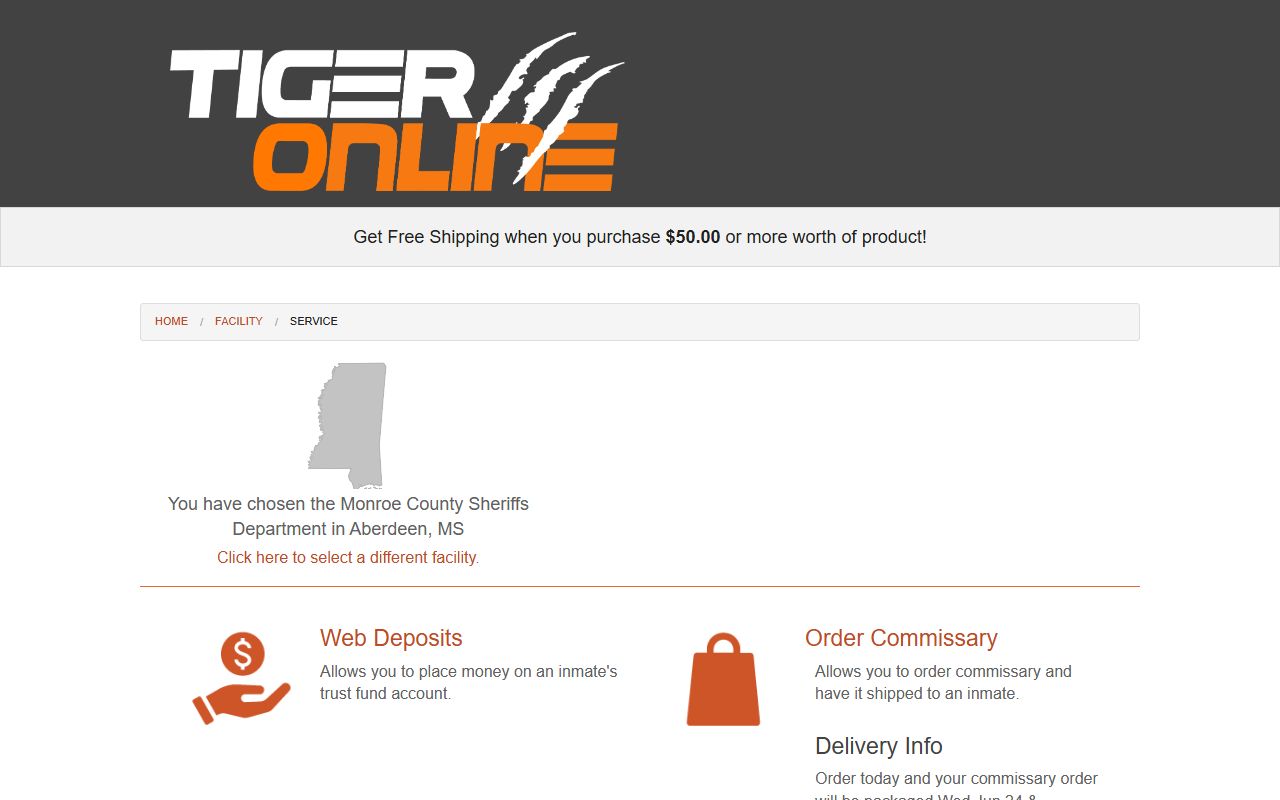 Monroe County Detention Facility commissary deposit and order service page